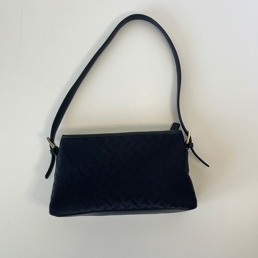 Talbots navy blue Monogram Jacquard Baguette Shoulder Bag Leather Trim Zip Top